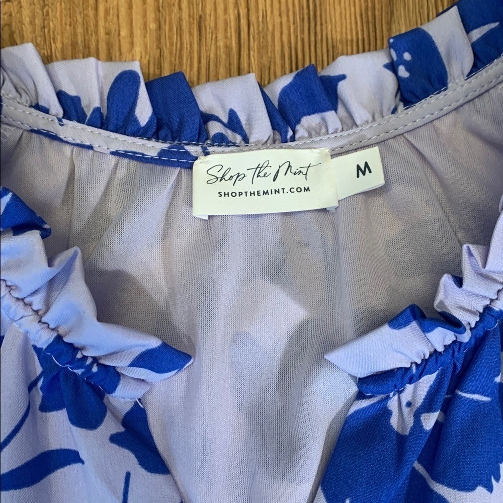 Shop the Mint Periwinkle Floral Tiered Dress EUC Medium Puff Sleeve Lined - Picture 3 of 13